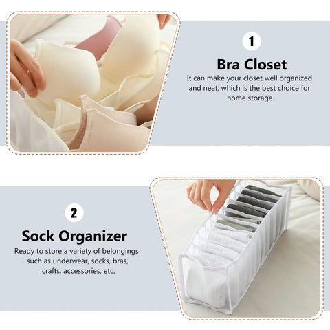 Three Piece Foldable Closet Organizer Bins With Adjustable Drawer Dividers For Socks Undies And Lingerie, featuring bras and socks organized in fabric storage.