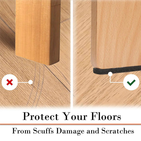 Comparison of chair legs on wood floor with and without Non Slip Furniture Pads 30 Pack Brown Self Adhesive Rubber Floor Protectors For Hardwood Floors Keep Furniture From Sliding And Scratching Sofas Tables And Chairs In Place.