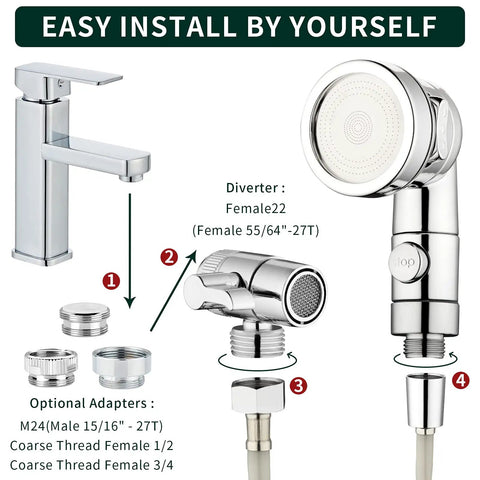 Installation guide for Pet Bath Sprayer Attachment for Sink Faucet, Hair Rinser Showerhead with adapters and diverter visible.