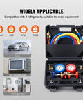 VEVOR AC 3-way manifold gauge set with red, blue, and yellow hoses in a hard case for automotive use