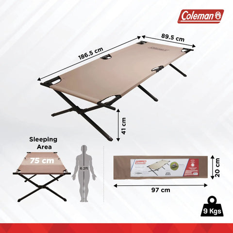 Trailhead II Large Folding Camping Cot With Easy Setup And Takedown, Supports Up To 300 Lbs, shown with dimensions.