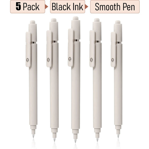 Beige Aesthetic Gel Pens 5 Pack 0.5mm Quick Dry Black Ink Fine Point Smooth Writing With Comfortable Grip For Work School Home Office Supplies Cute Japanese Stationery For Nurses Must Have, showing five beige gel pens with clips.