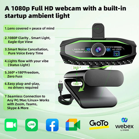 1080P HD USB Webcam With Microphone For PC And Laptop, plug and play streaming camera, RGB status light, 360-degree rotation