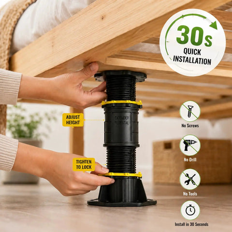 Rock Solid 4 Pack Adjustable Bed Support Legs 8.5 To 13 Inch Heavy Duty Center Support No Fuss Setup Anti Wobble Bed Stabilizer shown adjusting height.