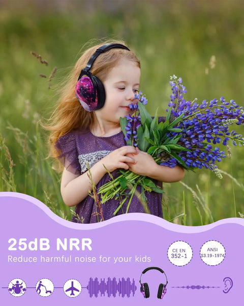 Child wearing Kids Noise Canceling Headphones Ear Protection For Autism in a field with flowers, showcasing sensory safe design.