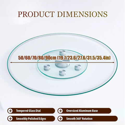 Tempered Glass Round Turntable With Six Wheels Large Lazy Susan Style Serving Tray showing product dimensions and features.