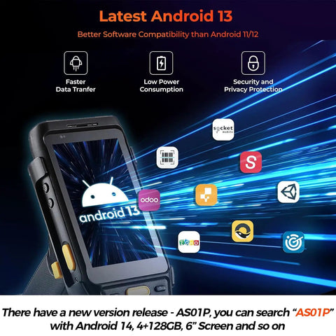 Beast Mode Long Range Android 13 PDA Barcode Scanner With Zebra 4850 showing app icons on screen, rugged design