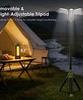 Rechargeable Camping Lantern with 9000mAh Battery on adjustable tripod next to tent, showing 55-inch height and 8.3-inch size