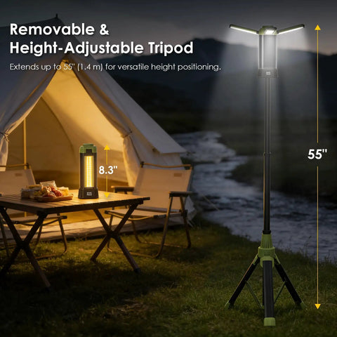 Rechargeable Camping Lantern with 9000mAh Battery on adjustable tripod next to tent, showing 55-inch height and 8.3-inch size