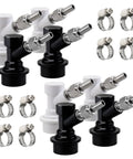Ball Lock Quick Disconnect Set for Home Brewing Kegs With Five Sixteenths Gas Barbs and One Quarter Inch Liquid Barbs Includes Stainless Steel Hose Clamps For Secure Connections and Easy Keg System Upgrades. black and white disconnects with clamps