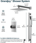 GRANDJOY 10" Rain Shower System with Handheld Spray, Slide Bar, Brushed Nickel dimensions and installation details.