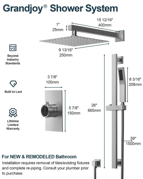 GRANDJOY 10" Rain Shower System with Handheld Spray, Slide Bar, Brushed Nickel dimensions and installation details.