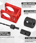 Go-To Wood Door Lock Installation Kit With Adjustable Guide Template And Hole Saw Set For Deadbolts And Knobs Solid Mounting For 1-3/8 To 1-3/4 Inch Doors showing red guide template and hole saws.