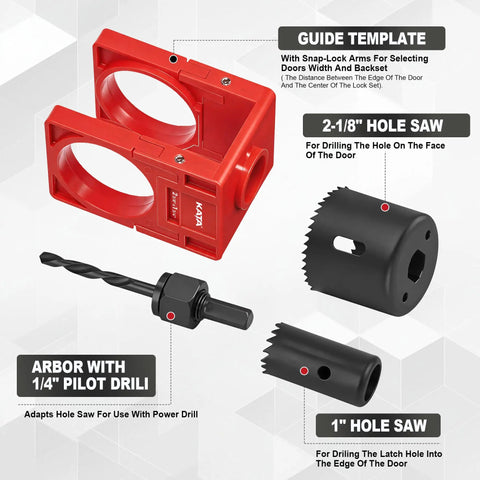 Go-To Wood Door Lock Installation Kit With Adjustable Guide Template And Hole Saw Set For Deadbolts And Knobs Solid Mounting For 1-3/8 To 1-3/4 Inch Doors showing red guide template and hole saws.