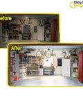 Before and after image of a garage with Beyond Bright LED Ultra Bright Garage Light With Three Adjustable Panels For A Brighter Garage Or Shop This Energy Efficient Easy To Install Durable Long Lasting Light For Garages Warehouses And More, showing improved lighting conditions.