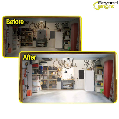 Before and after image of a garage with Beyond Bright LED Ultra Bright Garage Light With Three Adjustable Panels For A Brighter Garage Or Shop This Energy Efficient Easy To Install Durable Long Lasting Light For Garages Warehouses And More, showing improved lighting conditions.