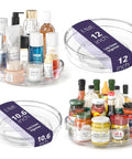 4 Pack Lazy Susan Organizer Set with two 12 inch high edge turntables and two 10.6 inch turntables filled with bottles and jars
