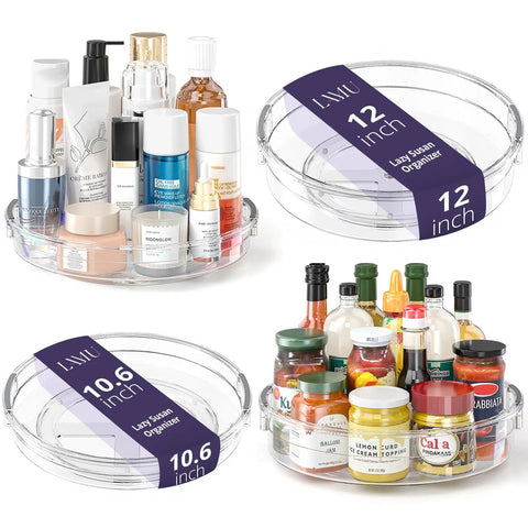 4 Pack Lazy Susan Organizer Set with two 12 inch high edge turntables and two 10.6 inch turntables filled with bottles and jars