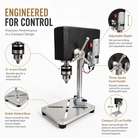 Mydymx Benchtop Mini Drill Press Multi Function Milling Tool Adjustable Precision Workshop Machine For Wood Metal And Plastic Diy Crafts Stable Platform with adjustable depth and stable base.
