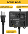 Automatic Vacuum Switch With Dual Power Outlets And Smart Delay Timer Kicks In Smooth To Dodge Breaker Tripping Keeps Shop Air Clean And Lets You Breathe Easy So Your Project Runs Without Hiccups Black Casing with UL-Certified outlets and power cord.