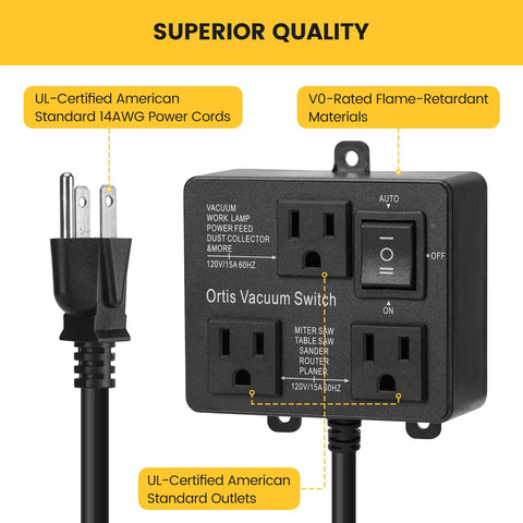 Automatic Vacuum Switch With Dual Power Outlets And Smart Delay Timer Kicks In Smooth To Dodge Breaker Tripping Keeps Shop Air Clean And Lets You Breathe Easy So Your Project Runs Without Hiccups Black Casing with UL-Certified outlets and power cord.