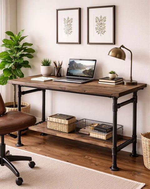 Wooden desk using 10 Pack Three Quarter Inch Malleable Cast Iron Pipe Tees For Threaded Black Pipes And Fittings DIY Steampunk Industrial Vintage Style Durable Fit With Standard Female Threads as legs, featuring laptop and decor.