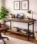 Industrial-style desk with 10 Pack Three Quarter Inch Malleable Cast Iron Pipe Flanges For Threaded Black Pipes And Fittings legs, vintage decor setup.