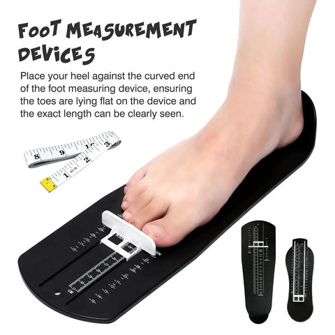 Dope Foot Size Gauge For Realistic Shoe Sizing, Easy To Use Foot Measurement Device, Portable ABS Plastic Ruler, Lightweight Foot Length Tool For Sneakers Boots And Dress Shoes. Black foot measuring device with foot placed on ruler