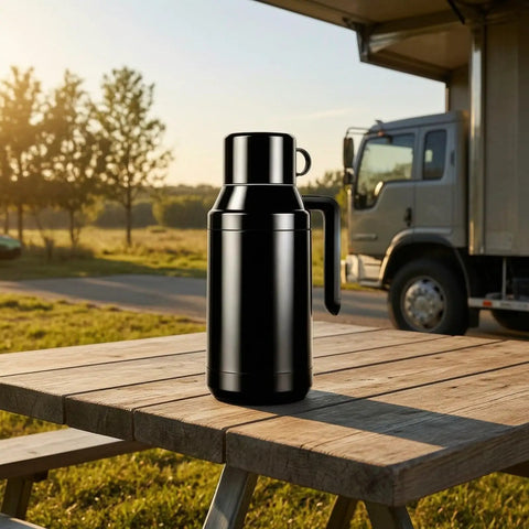 Road Ready Stainless Steel 12V And 24V Car Water Heater Plugs Right Into Cigarette Lighter on a wooden table outdoors.