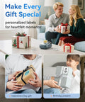 Super Slick 2 Inch Bluetooth Label Printer For Home Organization With Dead Simple Smartphone App Setup And Fast PC Sync Feature Wrapped In Vibrant Blue Shell displayed on a table with gift-wrapped packages.