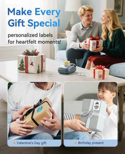 Super Slick 2 Inch Bluetooth Label Printer For Home Organization With Dead Simple Smartphone App Setup And Fast PC Sync Feature Wrapped In Vibrant Blue Shell displayed on a table with gift-wrapped packages.