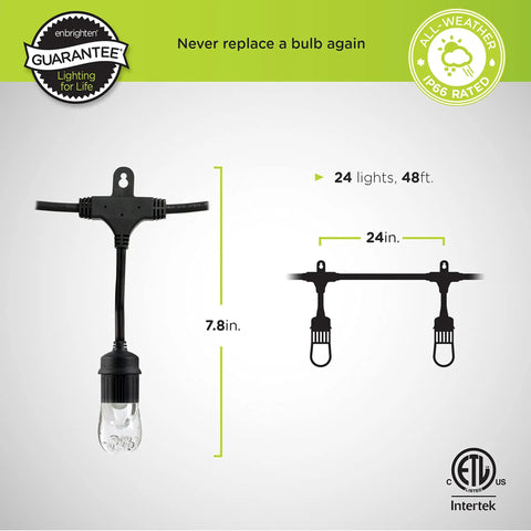 Cozy Cafe Style Outdoor String Lights With 48 Ft Black Cord 24 Shatterproof Acrylic Edison Bulbs Weatherproof For Patio Deck Garden Bars And Cafes Warm White Ambience For Indoor Or Outdoor Parties, featuring bulb measurements.