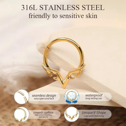 Gold Blade Wings V Shape Septum Ring 16G 1.2mm Stainless Steel Nose Hoop 8mm Daith Helix Tragus Rook Conch Cartilage Earring For Women Dope Everyday Accessory, seamless design with unique V-shape and blade-like wings in polished gold finish.