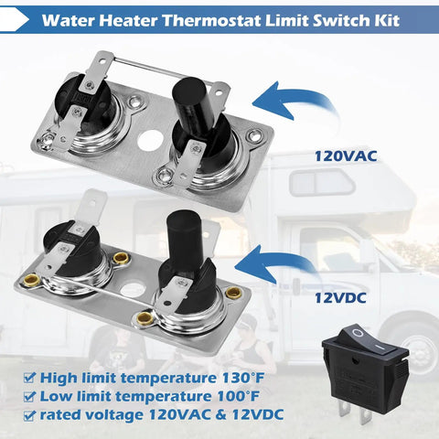 RV Water Heater Thermostat Limit Switch Kit 12V and 120V T Stat Plug and Play Compatible With Suburban SW Series shown with RV