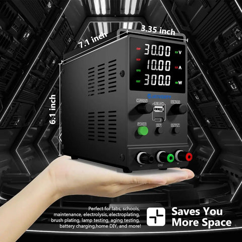 Pro-Grade DC Power Supply 0-32V 0-10A, Adjustable Bench Regulated Switching Unit With Encoder Knob, shown on a hand in server room.
