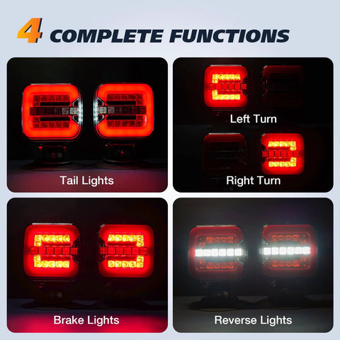 Wireless magnetic trailer light kit with red LED tail, brake, left/right turn, and reverse signals; adjustable bases.