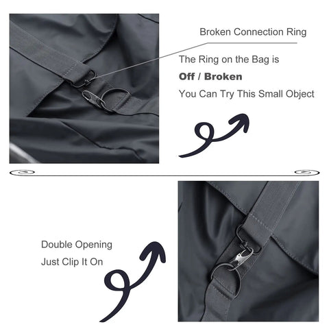 Double Small Carabiner Clips For Zipper Replacement And Theft Deterrent on black bag, showing broken ring replaceable option.