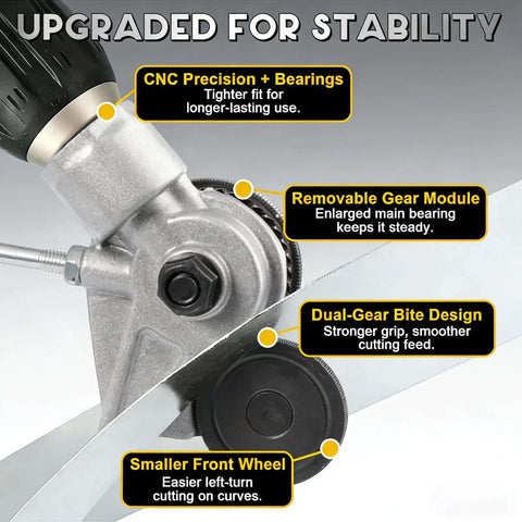 Titanium Drill Nibbler Sheet Metal Cutter Attachment For Drills, features CNC bearings, dual-gear design, removable gear module