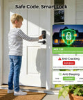 Level Up Your Home Security With This Slick WiFi Smart Deadbolt Lock Featuring Heavy Duty Keyless Entry Instant Fingerprint Access Voice Control App Management Auto Locking And Alexa Google Assistant Support For Front Doors. Child using smart lock with keypad on front door.