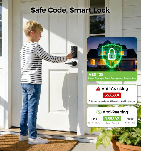 Child using Slick WiFi Smart Door Lock For Front Door Keyless Entry Deadbolt With Handle Set Fingerprint Pin Code Alexa and Google Assistant App Control Voice Access.