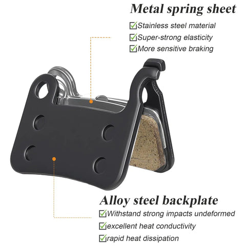 4 Pairs MTB Disc Brake Pads Kit With Installation Tools Includes Disc Alignment Tool Tire Lever And Hex Key Ready To Roll For Deore XT SLX M596 M595 Saint LX Alfine showing metal spring sheet and alloy steel backplate details.