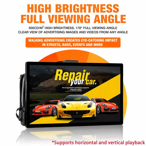Flex Your Brand On This Head Turning Outdoor Mobile Digital Walking Billboard Backpack With A 32 Inch Full HD Led Screen showing high brightness and full viewing angle.