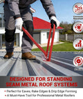 Worker using Eaves Seam Bender for Roofer Pros and Metal Fab Pros, PVC Insert Drip Edge Folding Tool, on standing seam roofing