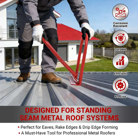 Worker using Eaves Seam Bender for Roofer Pros and Metal Fab Pros, PVC Insert Drip Edge Folding Tool, on standing seam roofing