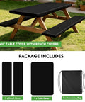 All Weather No Fuss Picnic Table Cover Set With Fitted 6 Foot Bench Covers Waterproof Tablecloth For Outdoor Camping And RV Life Includes 1 Table Cover And 2 Bench Covers With Drawstring Storage Bag 30 By 72 Inches Solid Black with packaging layout.