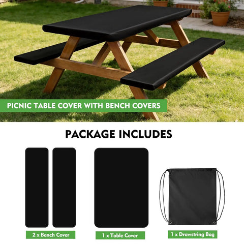 All Weather No Fuss Picnic Table Cover Set With Fitted 6 Foot Bench Covers Waterproof Tablecloth For Outdoor Camping And RV Life Includes 1 Table Cover And 2 Bench Covers With Drawstring Storage Bag 30 By 72 Inches Solid Black with packaging layout.