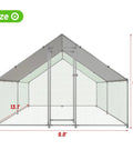 Front view of Large Metal Chicken Coop Walk In Poultry Cage With Water Resistant Roof And Anti UV Cover, showing dimensions.