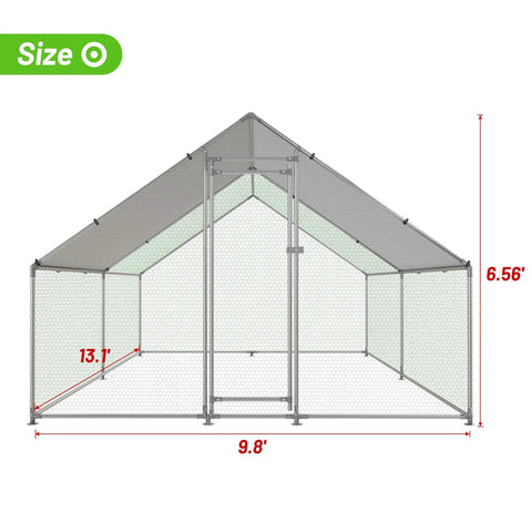 Front view of Large Metal Chicken Coop Walk In Poultry Cage With Water Resistant Roof And Anti UV Cover, showing dimensions.