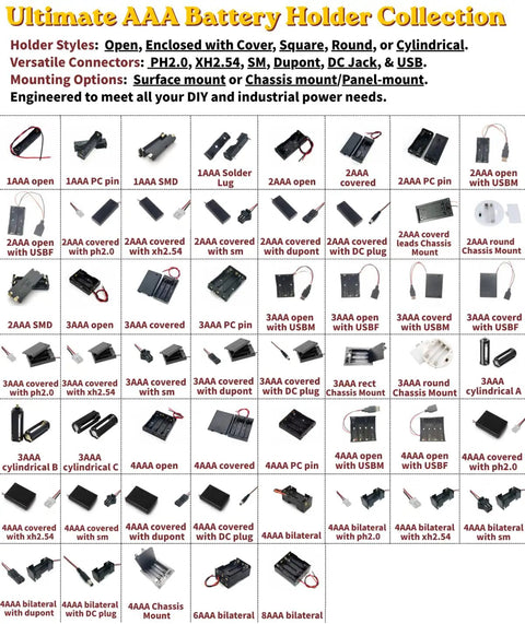 Ultimate AAA Battery Holder Collection showing diverse styles and connectors for versatile DIY and industrial power solutions.