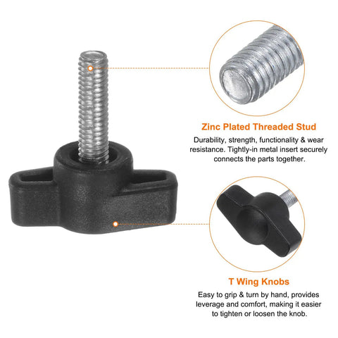 Superb 10 Pack M5 X 12Mm Plastic Thumb Screws Slick Tee Wing Knobs showing black plastic knob with zinc plated threaded stud.